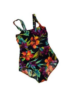 Shape Solver Vintage Black Tropical Floral One-Piece Swimsuit Womens 8 LONG NWOT